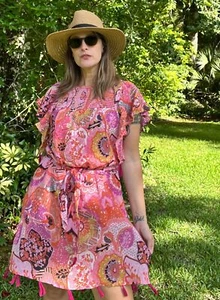 Banjanan Printed Mini Dress Flutter Sleeve Tassel Trim Floral Pink Red Large Boh - Picture 1 of 20