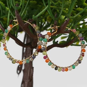 Sundance style 22k yellow gold Multicolor Gemstone Beaded hoop Wire Wrap Earring - Picture 1 of 3
