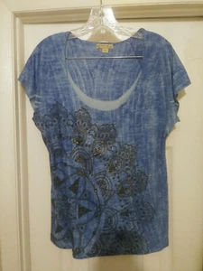 Energe Women's Blue & Black Cotton Blend Geometric Beaded Short Sleeve Top SZ LG - Picture 1 of 7