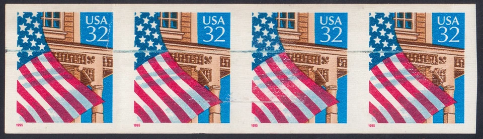 US Stamp #2913a Flag over Perch Imperf Strip of 4, Horizontal Blue Line Across - Image 1 of 1