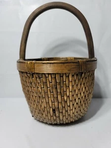 Vintage Wicker Ratan Round Basket with Handle Handwoven Sturdy 14" T X 10" W - Picture 1 of 4