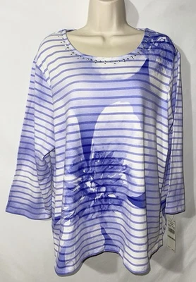 Top ALFRED DUNNER Clásicos Púrpura Floral Rayas Talla 1X Nuevo con Etiquetas Foto 1 de 4