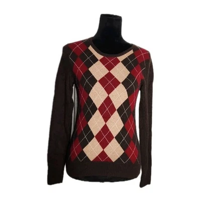 Tweeds Women’s Crew Neck Sweater Size Small Brown Argyle Print 2-Ply Cashmere  - Image 1 of 4