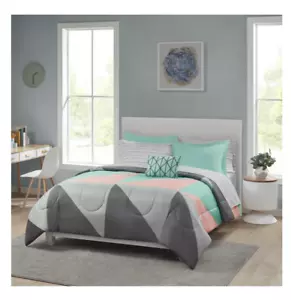 New Teen Geometric 7 Piece Gray Teal Queen Size Comforter Set Bedspread Sheets - Picture 1 of 8