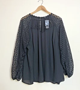 Torrid Georgette Lace Mix Blouse Top Sz 2X Womens Black Flowy Mesh Witchy Dressy - Picture 1 of 17