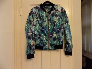 Allegra K Sz S Jacket Blue Green Abstract Floral Zip 90s Roses EUC Black Collar - Picture 1 of 6