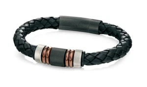 Fred Bennett Black Leather Woven Bracelet with IP Clasp 21.5cm B4377 - Picture 1 of 3