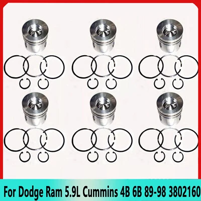 6* PISTON & Ring STD For Dodge Ram 5.9L Cummins 4B 6B 89-98 3802160 std / DHL Foto 1 de 3