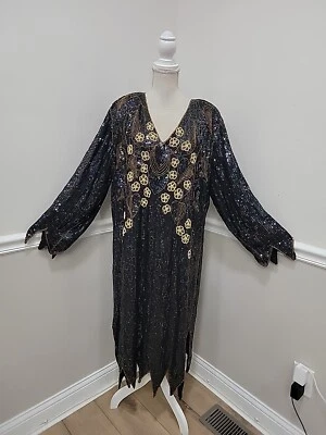 Vintage Black And Gold 100% Silk Beaded Sequin Dress Plus Size  - Image 1 of 4