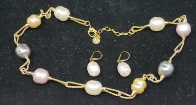 MAJORICA GOLD VERMEIL STERLING SILVER NECKLACE & EARRINGS w COLOR BAROQUE PEARLS - Image 1 of 4
