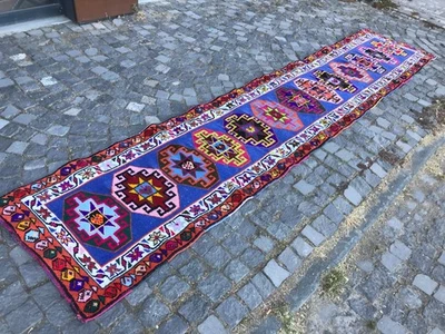 Alfombra de lana hecha a mano, alfombra bohemia para corredor, alfombra turca vintage, 2,6 x 13, pies Foto 1 de 4