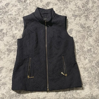 Chaleco Ellen Tracy Talla Pequeña Acolchado Azul Marino Cremallera Completa Forrado Dorado Bolsillo con Cremallera Foto 1 de 4