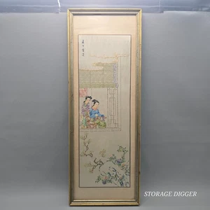 Vintage chinesische Papierschablone Wandteppich Seide Frauen & Blüten asiatisch gerahmt 32 x 12" - Bild 1 von 14