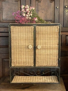 Vintage Rattan Wicker wall cupboard shelf unit doors boho - Picture 1 of 8