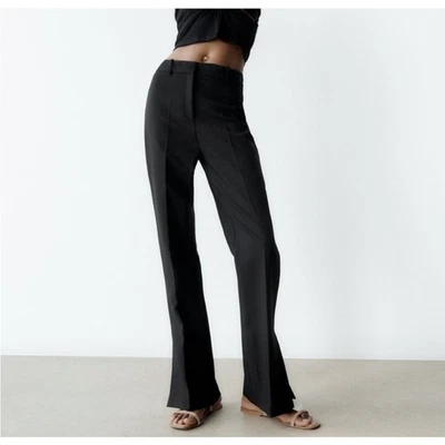 Zara Flare Dress Pants Womens Size Large Black Wide Leg Slit Hem Trouser Career - Image 1 of 4