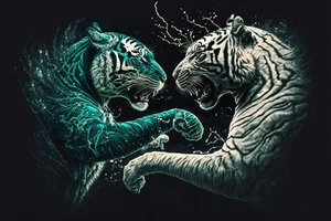 Leinwandbild türkis blau abstrakt weiß Tigerkampf Wandbild Poster Druck - Bild 1 von 22