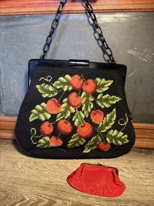 Vintage Needlepoint Christine Custom Bag Detroit Michigan Cherries Black Red J1 - Picture 1 of 24