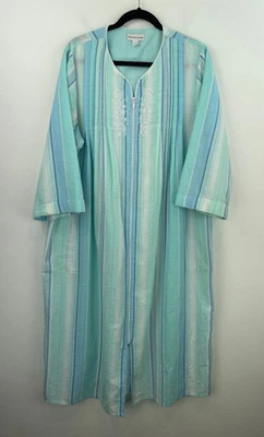 Miss Elaine Large Housecoat Nightgown Long Blue Striped Pockets 3/4 Sleeve ret - Image 1 of 4