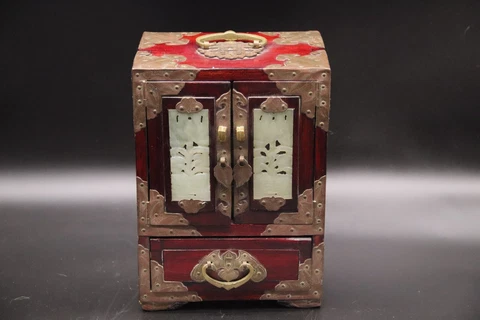 Vintage Chinese Wooden Carved Inlaid Plaque Decorated Jade Jewelry Trunk Chest Cover