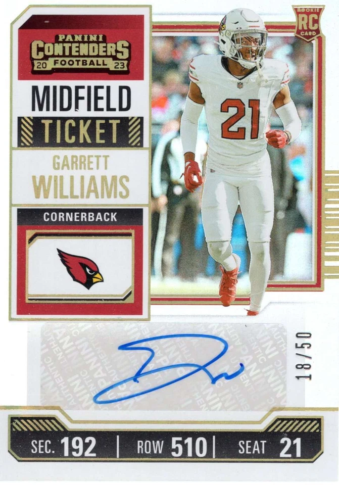 2023 Panini Contenders Garrett Williams RC Midfield Ticket Auto 18/50 #176 - Image 1 of 1