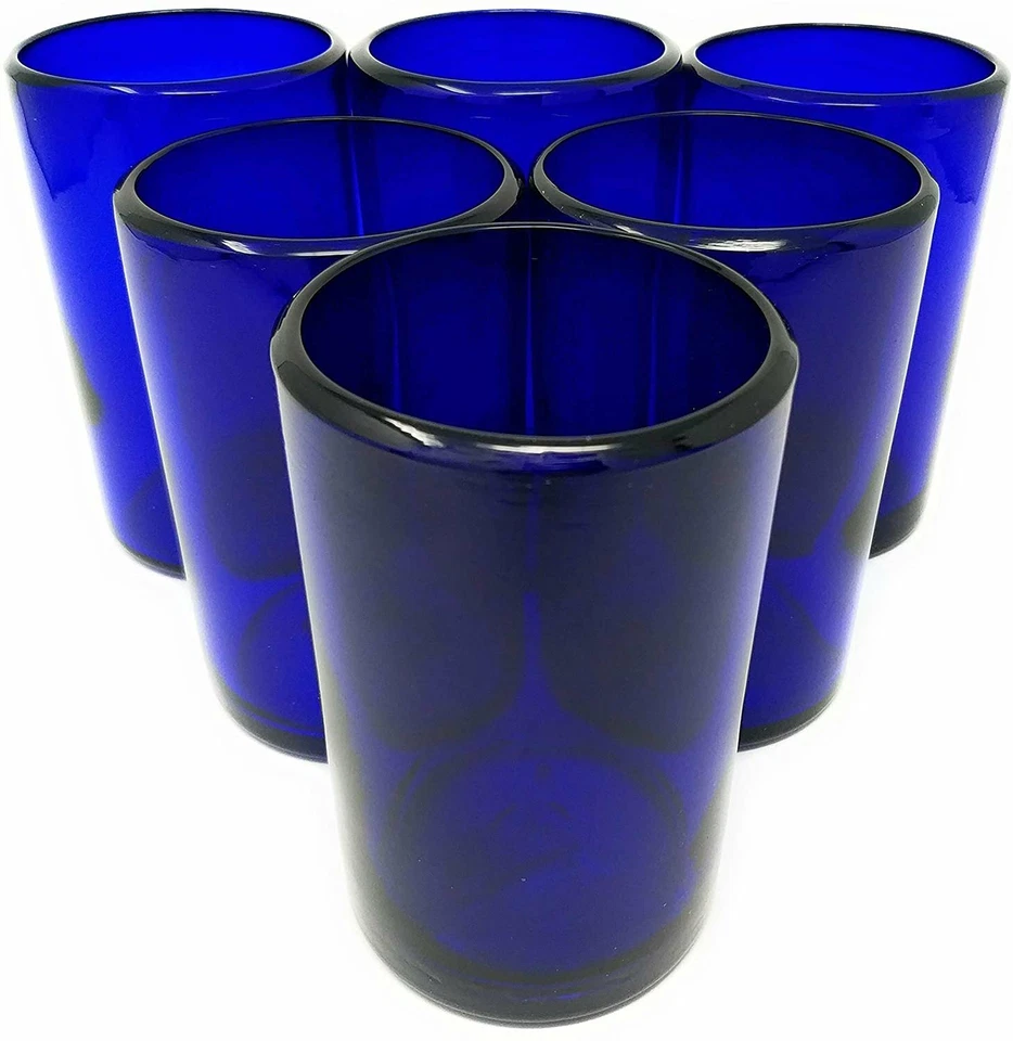 Hand Blown Mexican Drinking Glasses – Set of 6 Cobalt Water Glasses 14 Oz Each