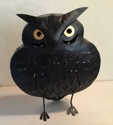 OWLS! Black  metal standing sculptured horned owl candle lantern - Image 1 of 4