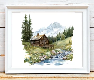 Hütte Kunstdruck, Berghütte Wandkunstdruck, Kunstdeko, Hütte im Wald #86 - Bild 1 von 2