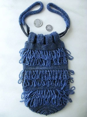 Antique Crochet Cobalt Sapphire Blue Bead Tiered Fringe Drawstring Flapper Purse - Image 1 of 4