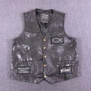 VTG Navarre Genuine Leather Men Black Jesus Forever Motorcycle Biker Vest Size L - Picture 1 of 24