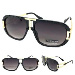 Men's Classic Vintage Retro Hip Hop Rapper Style SUN GLASSES Black & Gold Frame - Picture 1 of 6