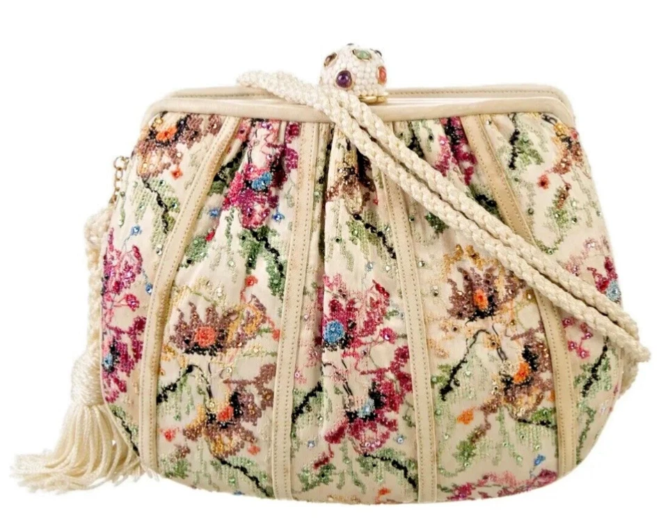 Bolso de Mano Judith Leiber Cintas de Seda Gara Bordado Cristales Piedras Preciosas Borla gyu Foto 1 de 4