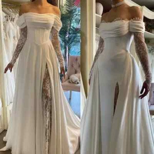 Elegant Satin A Line Wedding Dresses Long Sleeves with Side Split Bridal Gowns - Picture 1 of 7