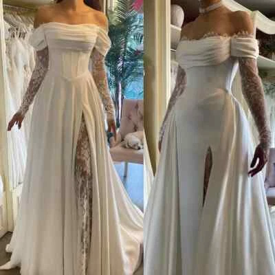 Elegant Satin A Line Wedding Dresses Long Sleeves with Side Split Bridal Gowns - Image 1 of 4