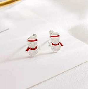 Silver Enamel Red Christmas White Snowman Stud Earring - Picture 1 of 2