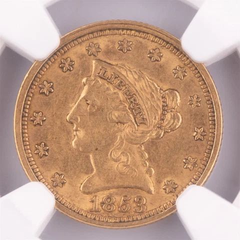 1853 $2.5 Liberty Head Gold Coin NGC AU55 Certified Cover