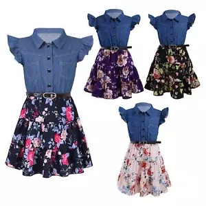 Kid Girls A-line Dress Summer Denim Floral Print Dress Above Knee Length AU - Picture 1 of 38