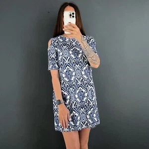 Ladies Boohoo Blue White Floral Cold Shoulder Summer Dress Size 12 - Picture 1 of 5