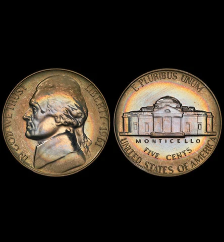 PR67 1961 5C Jefferson Proof Nickel, PCGS Secure- Pretty Rainbow Toned Cover