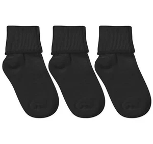 Girl's Boy's Seamless Cotton Turn Cuff Socks 3 Pair Pack Black X-Large - Picture 1 of 5