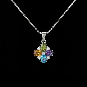 Multi Gemstone Flower Pendant Necklace Amethyst Peridot Citrine Topaz Jewelry - Picture 1 of 10