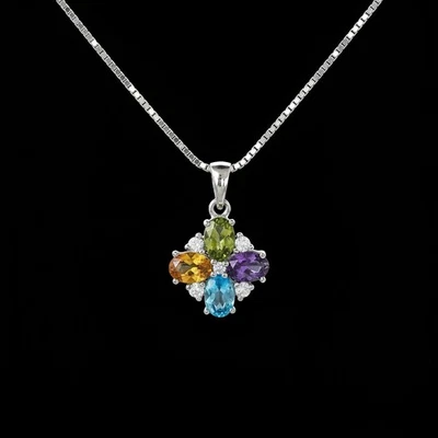 Multi Gemstone Flower Pendant Necklace Amethyst Peridot Citrine Topaz Jewelry - Image 1 of 4