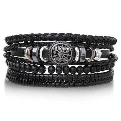 4 pcs Men’s Leather Bracelets Set Vintage Beads Tree Rudder Tribal Wristband - Image 1 of 4