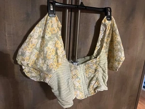 NWT AMERICAN EAGLE AE WOMEN JUNIOR CROPPED PUFF SLEEVE FLORAL CHECK SHIRT SZ M - Picture 1 of 7
