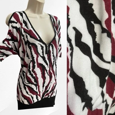 Morgan De Toi Top 14 XL Knit Animal Print Cold Shoulder Dark Pink Black White - Image 1 of 4