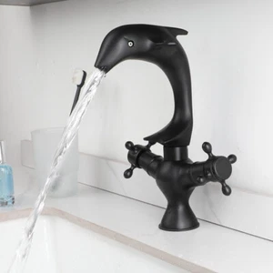 Matte Black Bathroom Sink Faucet Dolphin Design 2 Handles Mixer Tap Deck Mounted - Picture 1 of 12