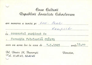 Romania, 1985, Vintage Concert Invitation - Czechoslovakia House of Culture - Picture 1 of 1