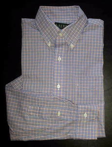 Camisa de vestir Lauren Ralph Lauren sin planchar azul naranja blanco rejilla 15,5-34/35 c1253 - Imagen 1 de 7