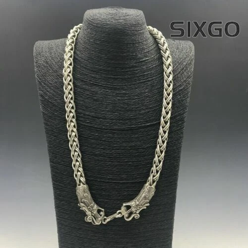Antiguo collar chino tibetano plata cobre tallado a mano cabeza de dragón Foto 1 de 4