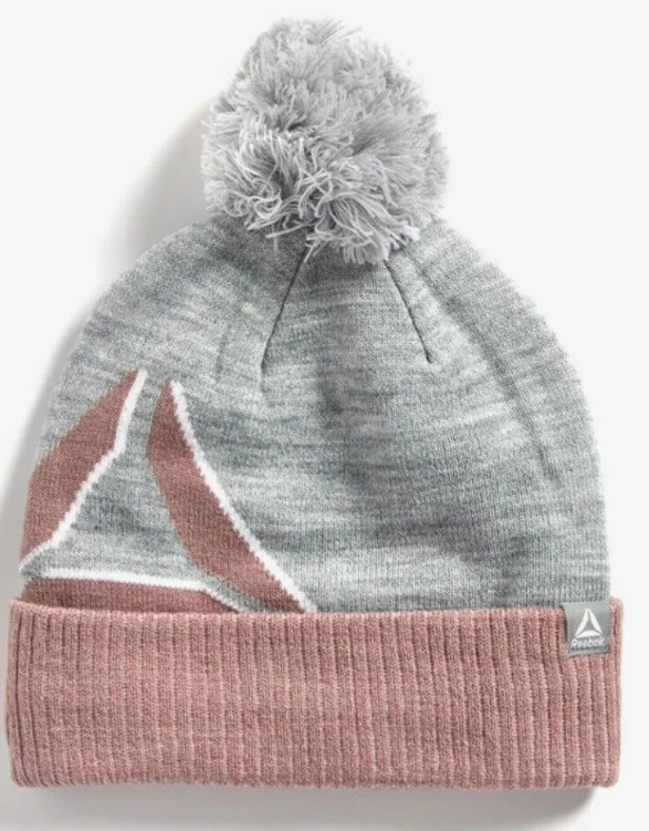 Gorro Reebok para mujer con logotipo intarsia pompón nuevo con etiquetas color gris con ribete rubor Foto 1 de 4