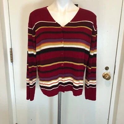 Kikit Womens Sweater Cardigan Sz L Button Down Red Multicolor Stripes - Image 1 of 4